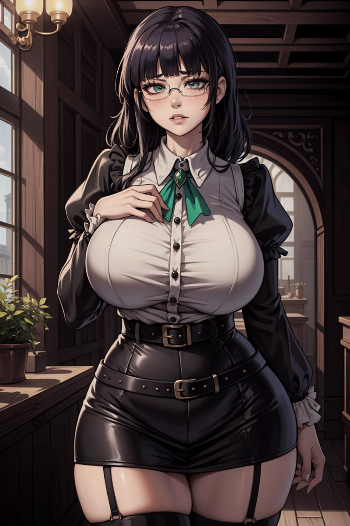 ((masterpiece:1.4)), ((best quality:1.4)), ((masterpiece)), ((best quality)), ((intricate detailed:1.4)), ((Hyper detailed)), absurd res, perspective, dynamic, highly detailed, bokeh, 8k, official art, extremely detailed CG unity 8k wallpaper, cinematic lighting, rim lighting, dim lighting, ambient lighting, 1girl, milf, mature female, best shadow, Detailed skin texture, detailed beautiful face, 1girl, solo, looking at viewer, shiny skin, attractive, beautiful detailed long hair, (blunt bangs:1.3), blue eyes, makeup, thick eyelashes, eyeshadow, beauty eyes, hyper detail, ultra detail eyes, blush, sharp eyes, lip closed, ((huge breasts:1.4)), symmetrical boobs, ((a woman in a blouse, and a short leather skirt:1.3)), ((BLOUSE:1.4)), ((emerald brooch|puffy sleeves|frill:1.4)), |, ((shirt buttons:1.2)), ((waist belt, black leather short hot pants combo garter belt, stocking)), ((curvy body, slim waist, wide hips, thicc thigh)), skin tight, leg gap, beautiful thigh, beautiful leg, long legs, (perfect hand), (wearing glasses:1.3), indoor , ((on the background medieval noble mansion, antic property:1.4)), (blurry background:1.2), detailed background, ((cozy atmosphere:1.3)), thighs, ((standing)(standing:1.2)), (pureerosface_v1), ((from front)), tall female