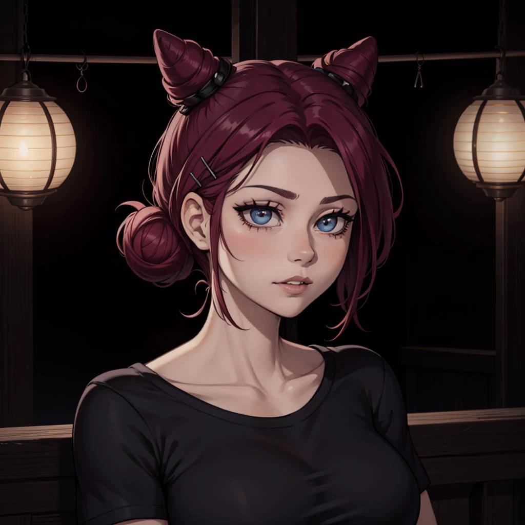Best_QualityPos, RAW photo, intricate details, best quality, 8k uhd, soft lighting, 1girl, solo, blue eyes, black shirt, Plum, Bun with hairpins, Bun, Balayage