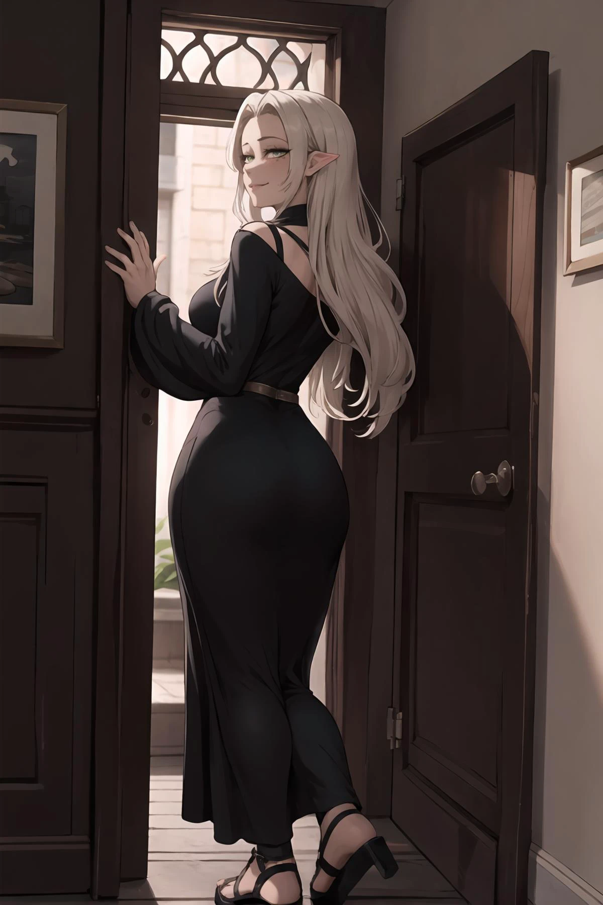 (masterpiece, best quality), 1girl, female ager, slim, middle easterner, emerald eyes, flared ears, curved nose, smooth cheeks, moles, platinum blonde long and straight hair, gratitude wearing empire waist maxi dress, keyhole top, platform sandals, , peeking from behind a door, peering from behind a slightly ajar door, creating an air of secrecy and allure, dappled lighting, sunlight filtering through leaves, creating a romantic and whimsical atmosphere, a cheerful café, with the aroma of freshly brewed coffee and friendly conversation