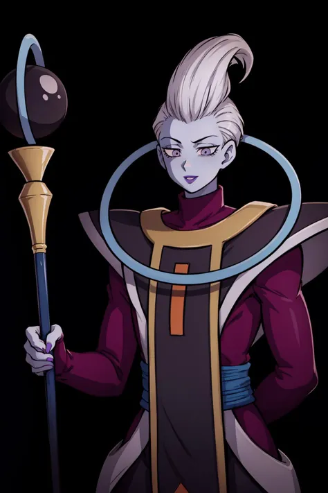 Best_QualityPos, RAW photo, intricate details, best quality, 8k uhd, soft lighting, 1boy, solo, white hair, blue skin, colored skin, purple eyes, purple lips, in space, holding staff <lora:WhisV2:0.7>