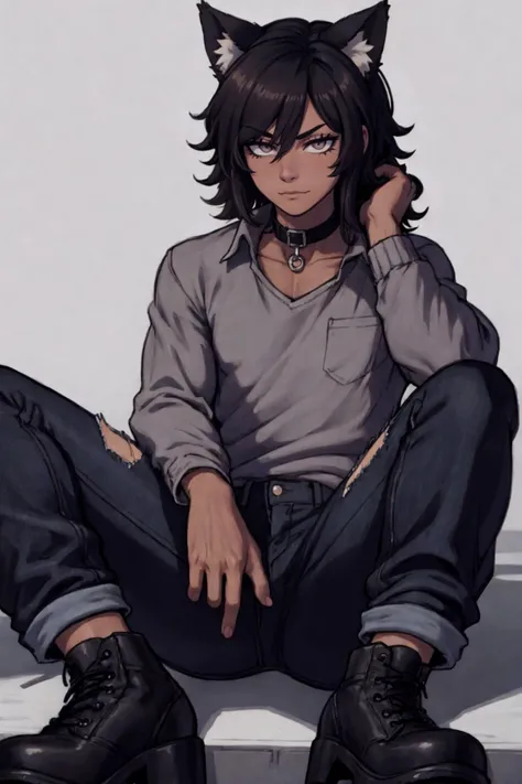 (best quality), (detailed), 1boy animal_collar animal_ear_fluff animal_ears black_eyes black_jacket black_pants brown_hair cat_boy cat_ears closed_mouth collar dark-skinned_male dark_skin denim foot_out_of_frame grey_shirt jacket jeans long_sleeves looking_at_viewer male_focus medium_hair pants shirt simple_background sitting solo torn_clothes torn_jeans torn_pants very_dark_skin white_background