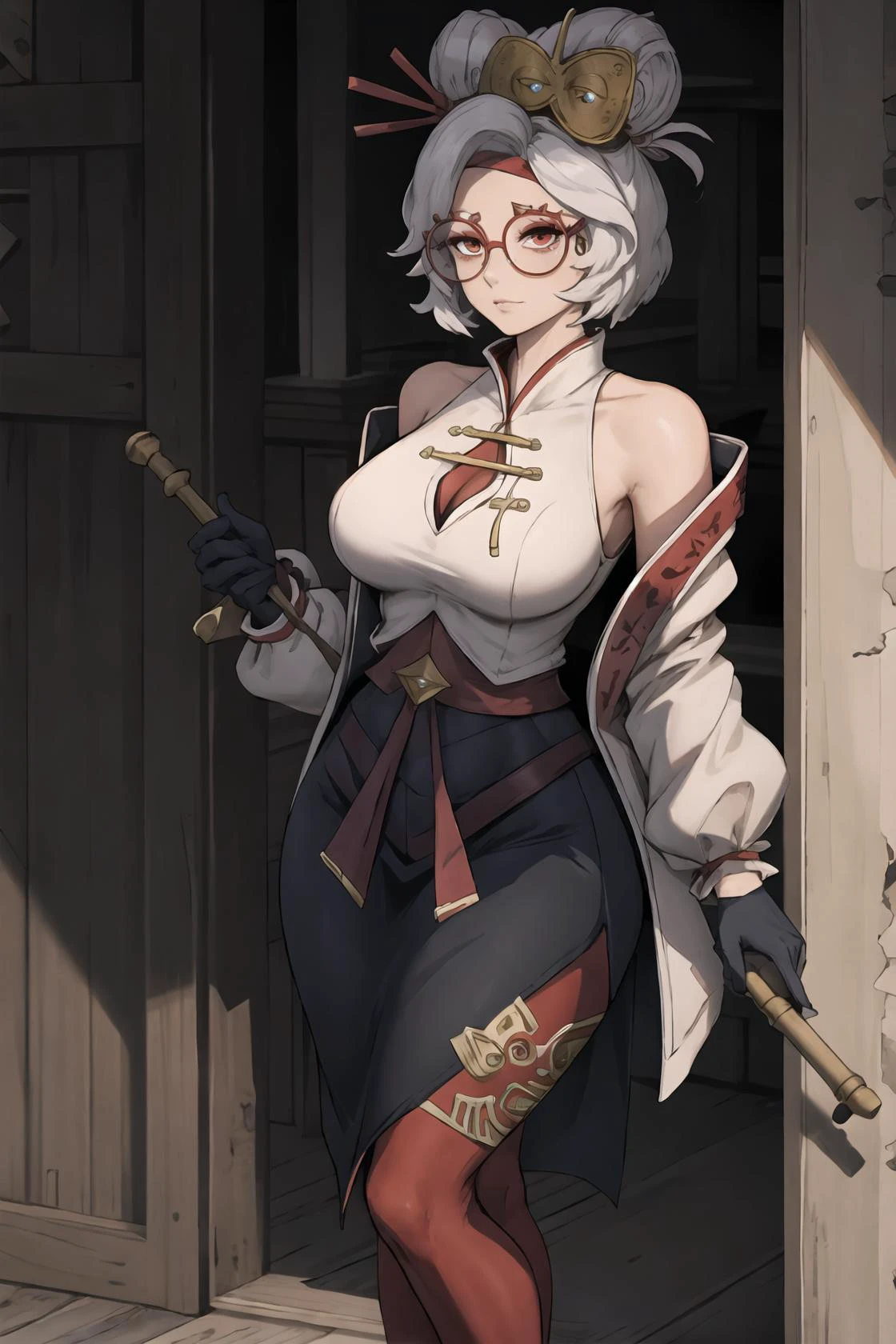 masterpiece, best quality, 1woman, standing, looking at viewer, straw asian hat, ((old)), holding staff, wrinkly, red headband, red glasses, white jacket, black gloves, sleeveless white shirt, black skirt, orange pantyhose, high heels, detailed temple ruins interior background,
<lora:purah-nvwls-v3-final:1> red glasses, purah, breasts, , hair ornament, bare shoulders, white shirt, gloves, black skirt, white jacket, orange leggings,