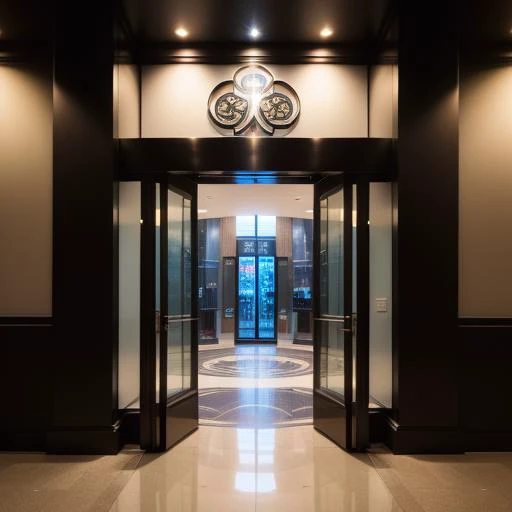 a skyscraper glass building entrance with a Kamon over the door, <lora:Kamon_V2:1>