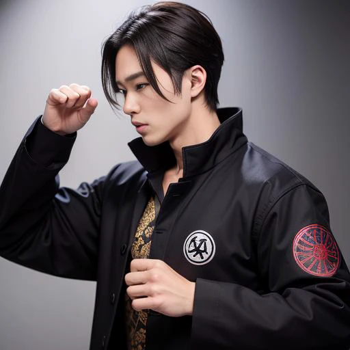 a man practicing martial art with a kamon on his jacket, <lora:Kamon_V2:1>