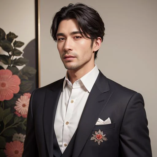 A man in a suit with a floral Kamon embroidered on the left , <lora:Kamon_japanese_crest_V1-21x3:0.6>