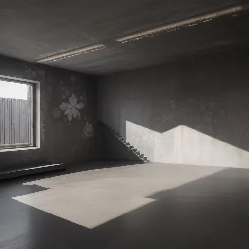 Brutalist hall with 1 Kamon painted on the wall, inside, layers, catwalk, overhang, complex, vast space, floral, border <lora:Kamon_japanese_crest_V1-21x3:0.5>