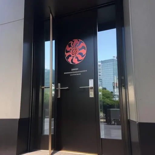 a skyscraper glass building entrance with a Kamon over the door, <lora:Kamon_V2:1>