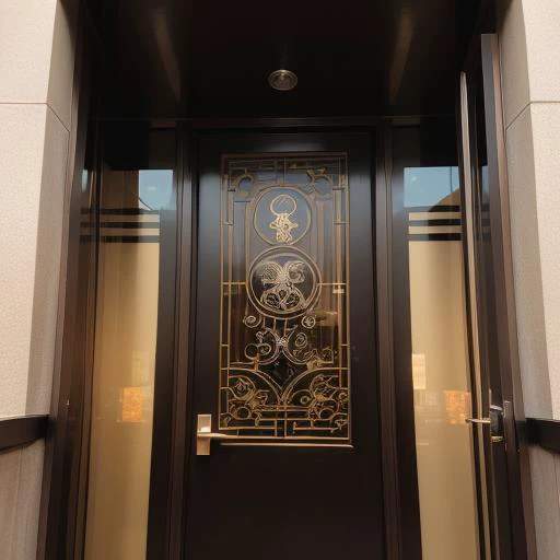 a skyscraper glass building entrance with a Kamon over the door, <lora:Kamon_V2:1>