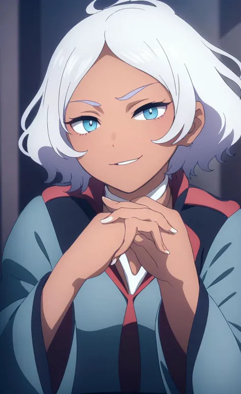 dark-skinned female, blue eyes, open mouth,asticassia school uniform, school uniform,1girl,looking at viewer,close room,<lora:SeceliaDote:0.8>,(smile,Front view,turn to face the front:1.3), (masterpiece,best quality,Ultra high definition eyes,8k,Beautiful detailed eyes,Fine and beautiful eyes,finely detail,extremely CG, absurdres,high resolution,illustration,Detailed and beautiful outlines,finely detail,high resolution,illustration,colorful refraction:1.4),(looking at viewer,Increase saturation,Glossy skin:1.2),