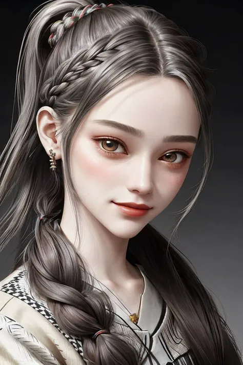 (generative art style, algorithmic, complex, patterned, detailed:1.2) <lora:Dasha-000006:.9> Dasha, focus on eyes, close up on face, grinning, wearing jewelry, hair styled Straight Braided Ponytail, desaturated grunge filter,