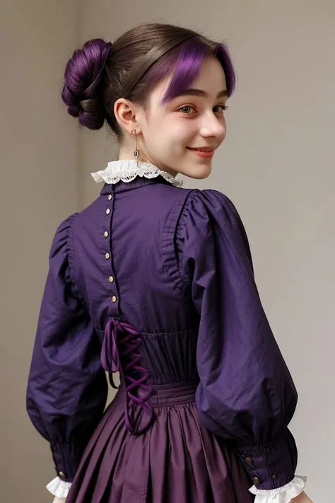 upper body <lora:Dasha-000006:.9> Dasha, focus on smiling face, from behind wearing victorian clothing , her grape purple color hair is styled as tucked bun,