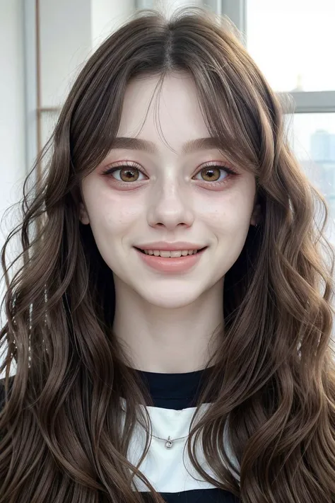 <lora:Dasha-000006:.9> Dasha, focus on eyes, close up on face, laughing, Melon color hair styled Curly Side Part, ND filter,