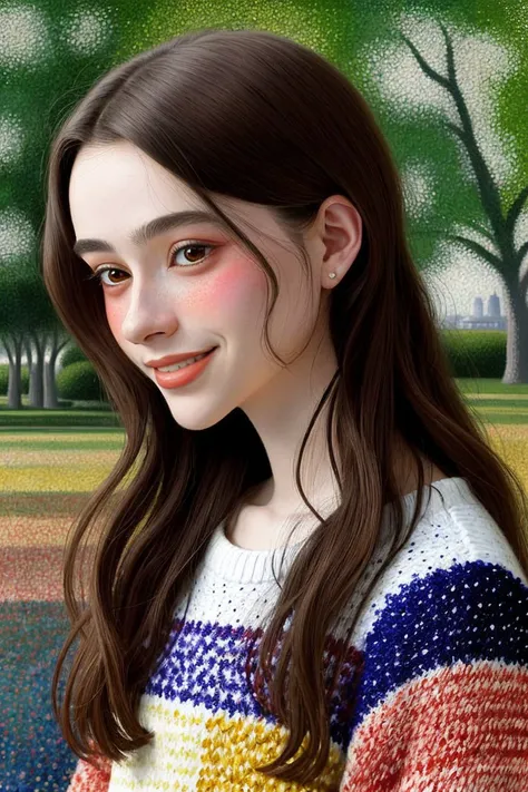 (pointillist painting, dots, Seurat style, vibrant, highly detailed:1.2) (low angle, headshot:1.2) <lora:Dasha-000006:.9> Dasha, smiling, from behind,4:: she is wearing fruit pattern sweater dress , her hair is styled as loose waves hair, BREAK she is (reinacting the civil war:1.1), soft fill lighting, technicolor,