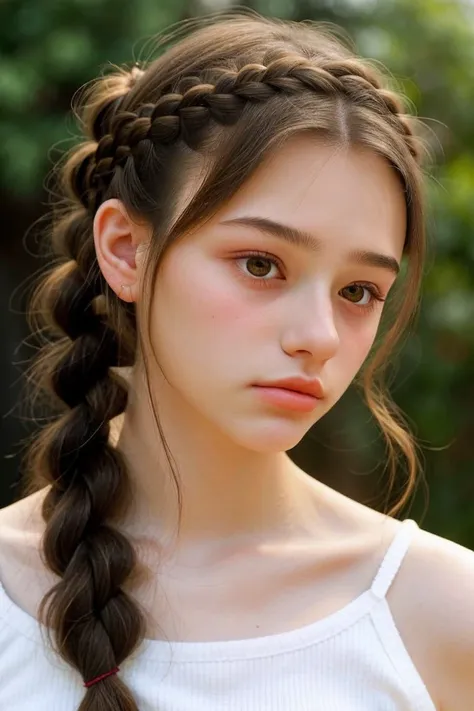 <lora:Dasha-000006:.9> Dasha, focus on eyes, close up on face, pouting, hair styled french braided bangs, soft focus,