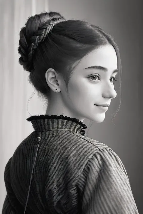 (etching style, monochrome, texture, highly detailed, engraving:1.2) headshot <lora:Dasha-000006:.9> Dasha, focus on smiling face, from behind wearing victorian clothing , her hair is styled as dutch fishtail updo,