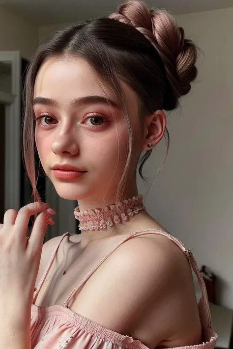 portrait <lora:Dasha-000006:.9> Dasha, focus on face, wearing a ballgown , her dusty rose color hair is styled as dutch braided updo,
