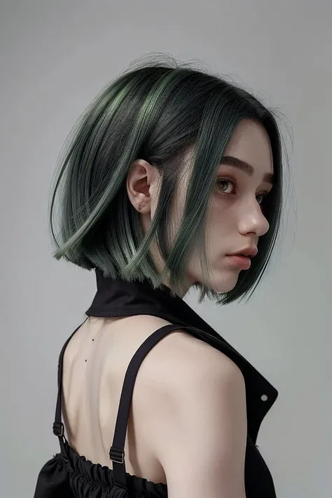 upper body <lora:Dasha-000006:.9> Dasha, focus on face, from behind wearing a cassock , her marbled green color hair is styled as angled bob hair,