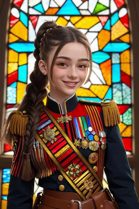 (stained glass style, vibrant, fragmented, light effects, highly detailed:1.2) upper body <lora:Dasha-000006:.9> Dasha, focus on smiling face, wearing a military uniform , her hair is styled as Straight Halo Braid,