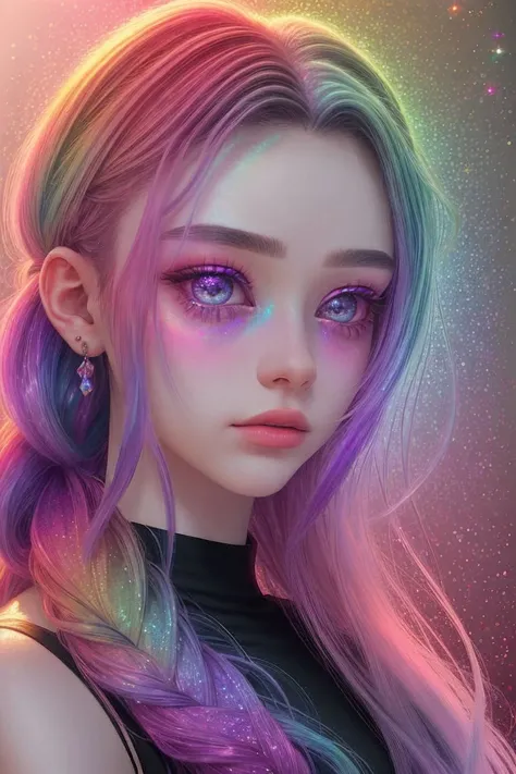 (holographic style, rainbow, shimmer, 3D effect, detailed:1.2) <lora:Dasha-000006:.9> Dasha, focus on eyes, close up on face, wearing jewelry, dark lilac hair styled mermaid braid, desaturated grunge filter,