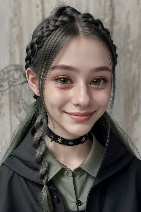 headshot <lora:Dasha-000006:.9> Dasha, focus on smiling face, wearing a cassock , her turtle green color hair is styled as side braid hair,