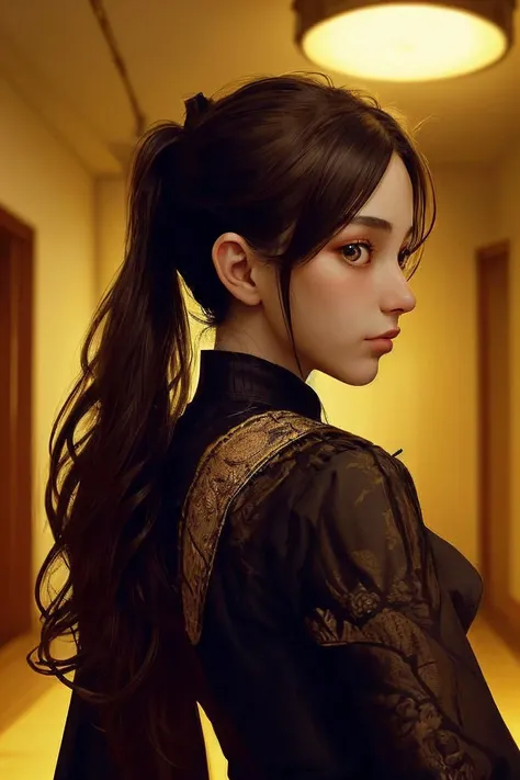 (steampunk style, gears, brass, Victorian, intricate, detailed:1.2) (eye level, closeup on face:1.2) <lora:Dasha-000006:.9> Dasha, from behind,4:: she is wearing Undone sarashi, her hair is styled as wavy ponytail, BREAK she is (in the hallway:1.1), light beams streaming through haze, 8mm fisheye lens ,Velvia 100 ,shot on Lumix GH5, cinematic bokeh,vibrant colors ,black and white,