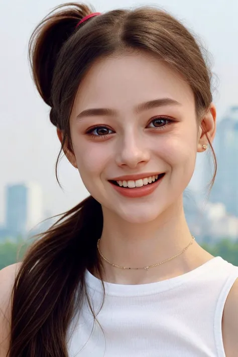 <lora:Dasha-000006:.9> Dasha, focus on eyes, close up on face, laughing, wearing jewelry, hair styled layered ponytail, ND filter,