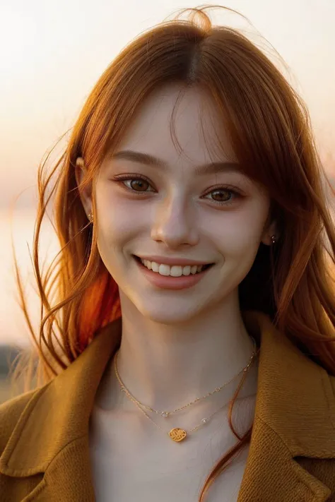 <lora:Dasha-000006:.9> Dasha, focus on eyes, close up on face, huge smile, wearing jewelry, low-saturation-orange color hair styled side-parted lob hair, warm golden hour lighting,