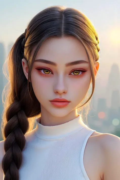 (vexel style, sharp, clean, vector-based, highly detailed:1.2) <lora:Dasha-000006:.9> Dasha, focus on eyes, close up on face, jade color hair styled half-up braid, lens flare,