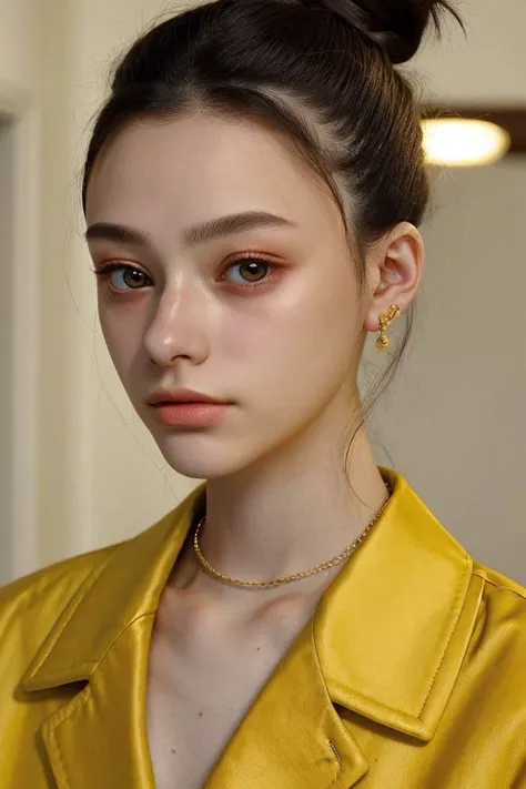 <lora:Dasha-000006:.9> Dasha, focus on eyes, close up on face, wearing jewelry, Goldenrod color hair styled sleek bun, hash flash lighting,