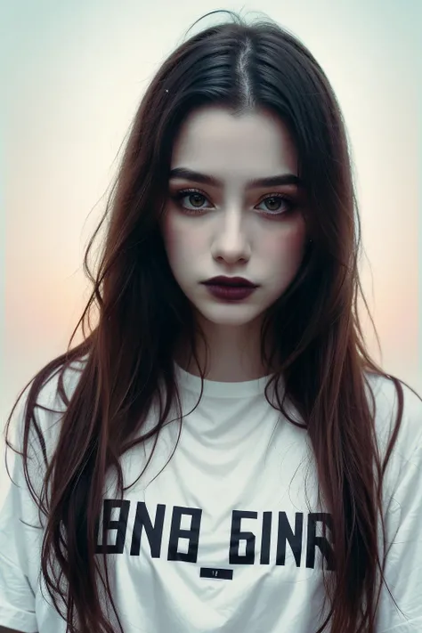 <lora:more_details:0.3>, solo, very detailed, detailed face, very long messy hair, picture of a beautiful girl, dasha_taran, sfw, black makeup, white shirt with text on it