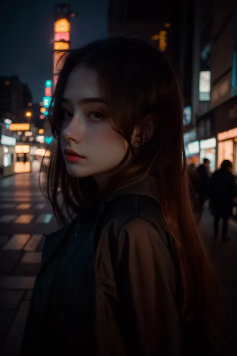 <lora:more_details:0.3>, solo, very detailed, detailed face, very long hair, picture of a beautiful young woman, dasha_taran, sfw, outside at night, crowded city, side view, neon, wearing black jacket, looking at viewer