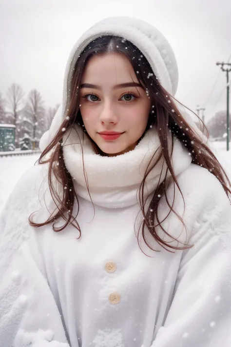 <lora:more_details:0.3>, solo, very detailed, detailed face, very long hair, picture of a beautiful young woman, dasha_taran, sfw, winter, wearing a big pullover and bonnet, snow, snowing, wind, soft smile