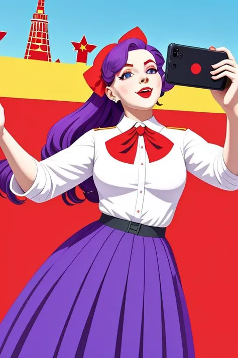 soviet style, soviet propaganda poster, virtual_youtuber, best quality, masterpiece, girl take a selfie in the middle of an empty park, lomg purple hair, long skirt, White shirt, red bow, <lora:Soviet_Art:1>