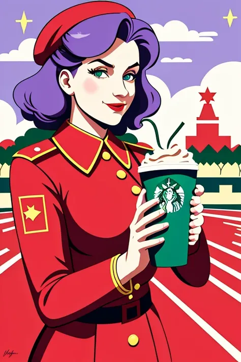 soviet style, soviet propaganda poster, virtual_youtuber, best quality, masterpiece, girl enjoying a starbucks coffee in the middle of an empty park, lomg purple hair, wearing barista attire, <lora:Soviet_Art:1>