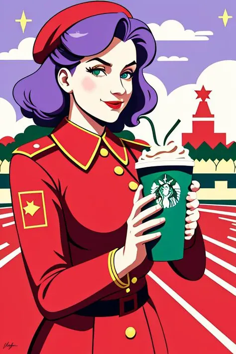 soviet style, soviet propaganda poster, virtual_youtuber, best quality, masterpiece, girl enjoying a starbucks coffee in the middle of an empty park, lomg purple hair, wearing barista attire, <lora:Soviet_Art:1>