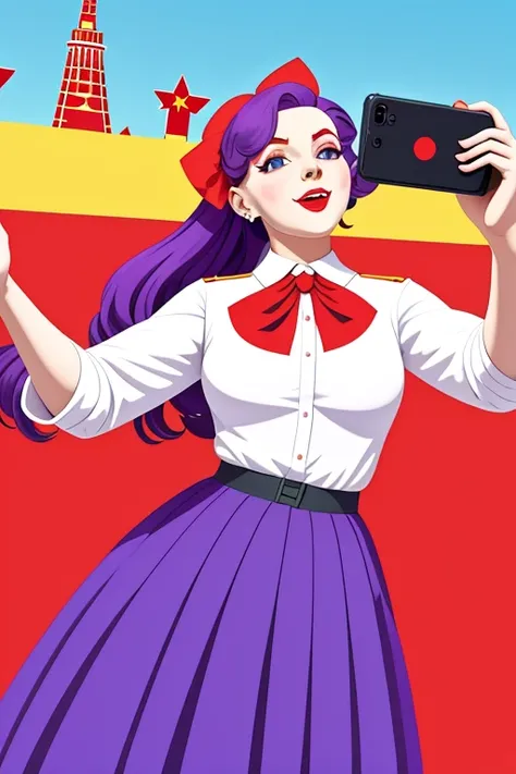 soviet style, soviet propaganda poster, virtual_youtuber, best quality, masterpiece, girl take a selfie in the middle of an empty park, lomg purple hair, long skirt, White shirt, red bow, <lora:Soviet_Art:1>