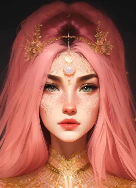 samdoesarts style (symmetry:1.1) (portrait of floral:1.05) beautiful goddess, (assassins creed style:0.8), pink and gold and opal color scheme, beautiful intricate filegrid facepaint, intricate, elegant, highly detailed, digital painting, artstation, concept art, smooth, sharp focus, illustration, art by greg rutkowski and alphonse mucha, 8k