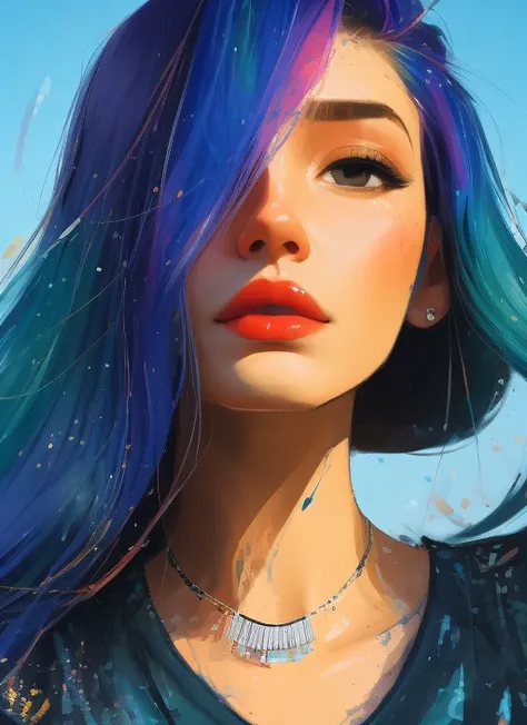 samdoesarts style award winning half body portrait of a beautiful woman in a croptop and cargo pants with ombre navy blue teal hairstyle with head in motion and hair flying, paint splashes, splatter, outrun, vaporware, shaded flat illustration, digital art, trending on artstation, highly detailed, fine detail, intricate