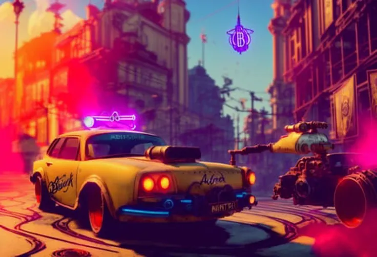 ((bucharest streets)),(Synthwave),  30mm,canon,sony,dof,photograph,realistic,500px,(bioshock infinite), intricate, ((steampunk)), bucharest city streets,sunset,,   arcane punk,  intricate details,warm light,soft light,