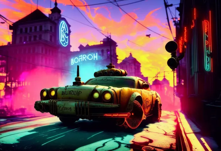 ((bucharest streets)),(Synthwave),  30mm,canon,sony,photograph,realistic,500px,(bioshock infinite), intricate, ((steampunk)), bucharest city streets,sunset,,   arcane punk,  intricate details,warm light,soft light,