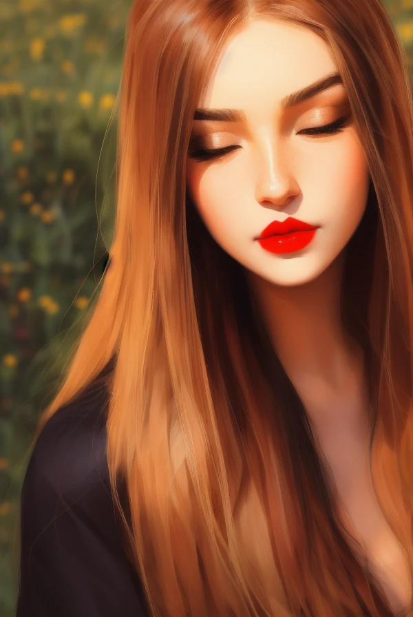 portrait of a beautiful ager, small breasts, intricate, soft smile, red lips, ginger hair, green eyes, realism, digital painting, sharp focus, rule of thirds, medium shot, heterochromia, proportional face, beautiful face, samdoesarts style, art by incase_a3