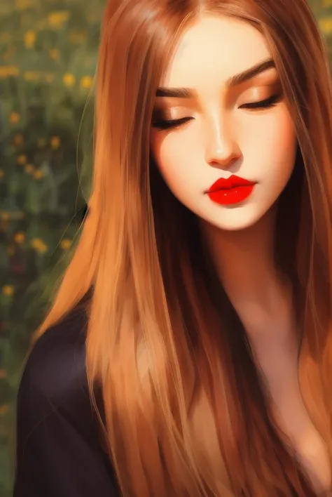 portrait of a beautiful teenager, small breasts, intricate, soft smile, red lips, ginger hair, green eyes, realism, digital painting, sharp focus, rule of thirds, medium shot, heterochromia, proportional face, beautiful face, samdoesarts style, art by incase_a3