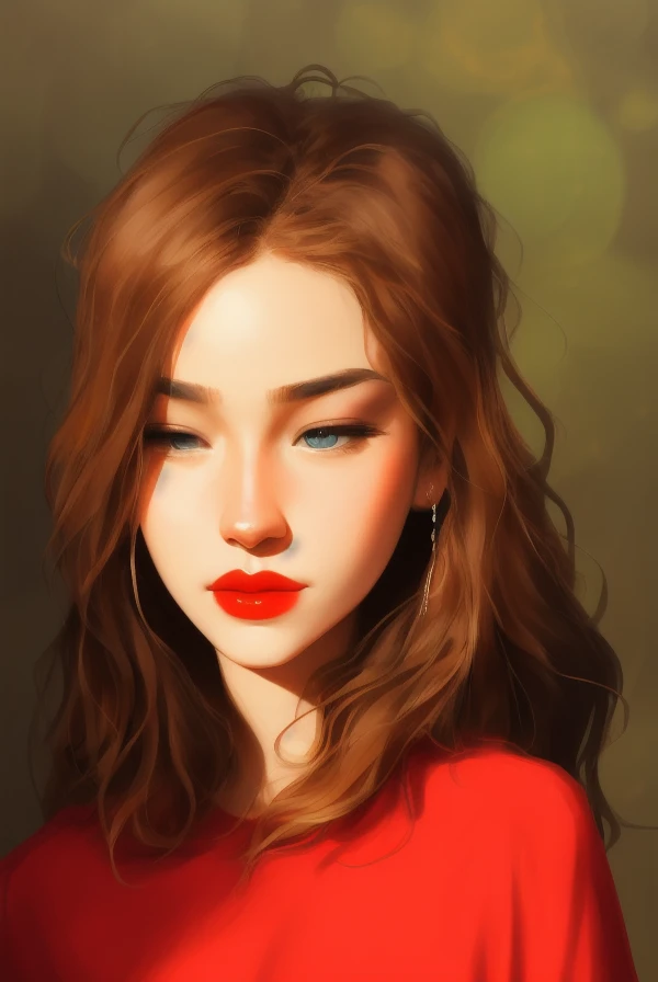 portrait of a beautiful ager, small breasts, intricate, soft smile, red lips, ginger hair, green eyes, realism, digital painting, sharp focus, rule of thirds, medium shot, heterochromia, proportional face, beautiful face, samdoesarts style, art by incase_a3