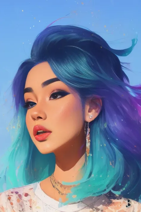 samdoesarts style award winning portrait of a beautiful woman in a croptop and cargo pants with ombre navy blue teal hairstyle with head in motion and hair flying, paint splashes, splatter, outrun, vaporware, shaded flat illustration, digital art, trending on artstation, highly detailed, fine detail, intricate