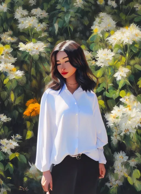 art by samdoesarts style, girl, solo, shirt, looking at you, face, perfect, flowers