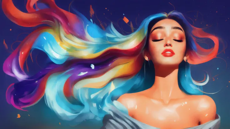 1 girl,solo,samdoesarts style award winning half body portrait of a beautiful man in a croptop and cargo pants with ombre navy blue teal hairstyle with head in motion and hair flying, paint splashes, splatter, outrun, vaporware, shaded flat illustration, digital art, trending on artstation, highly detailed, fine detail, intricate