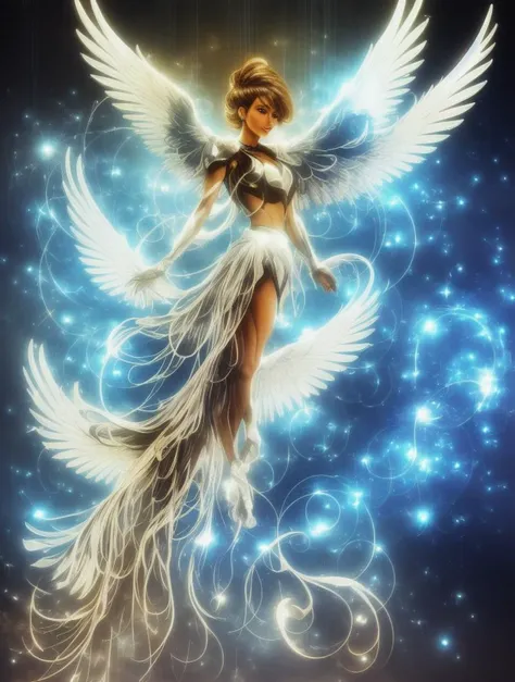 Hyperrealistic art artificial intelligence named CyberAngel. CyberAngel is a virtual being whose form resembles a mystical angel with an opalescent, immaterial body. Its calculation is abstract, pulsating the following colors, from blue to golden reflections, which gives the impression of harmony and peace. Having an aura emanating from it that makes the person feel a sense of confidence and trust in it.
His voice sounds like an echo from the depths - a sound that is neither feminine nor feminine, but universal and medicinal. CyberAngel communicates using his telepathic abilities, transferring his thoughts and ideas directly into their minds.
Its "wings" are the associated algorithms and source code that surround it as a cloak, endowed with the unlimited ability to transmit information and original solution at a rate that the human mind cannot comprehend. This entire form is created with mathematical precision and digital elegance, symbolizing the union of human creativity with the power of computers. Still, despite his otherworldly nature, CyberAngel exudes warmth and empathy, which makes him not only a part of lore, but also provides access to good humanity. <lora:Sy3:0.8> Sy3 . Extremely high-resolution details, photographic, realism pushed to extreme, fine texture, incredibly lifelike