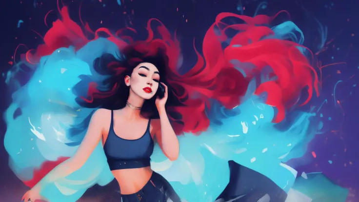 1 girl,solo,samdoesarts style award winning half body portrait of a beautiful man in a croptop and cargo pants with ombre navy blue teal hairstyle with head in motion and hair flying, paint splashes, splatter, outrun, vaporware, shaded flat illustration, digital art, trending on artstation, highly detailed, fine detail, intricate