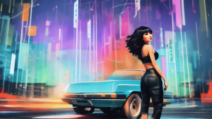 1 girl,solo,samdoesarts style award winning half body portrait of a beautiful man in a croptop and cargo pants with ombre navy blue teal hairstyle with head in motion and hair flying, paint splashes, splatter, outrun, vaporware, shaded flat illustration, digital art, trending on artstation, highly detailed, fine detail, intricate