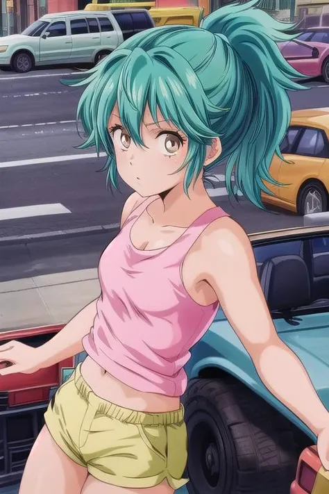 anime screencap,ultra-detailed,masterpiece,best quality,girl,shiny skin,backlit, MZ1TakanakaYui,1girl,aqua hair,ponytail,brown eyes,pink tank top, yellow shorts,city,street,smallpouch,car,taxy,dutch angle,facing viewer<lora:MZ1TakanakaYui001:0.6> <lora:add_detail:1>